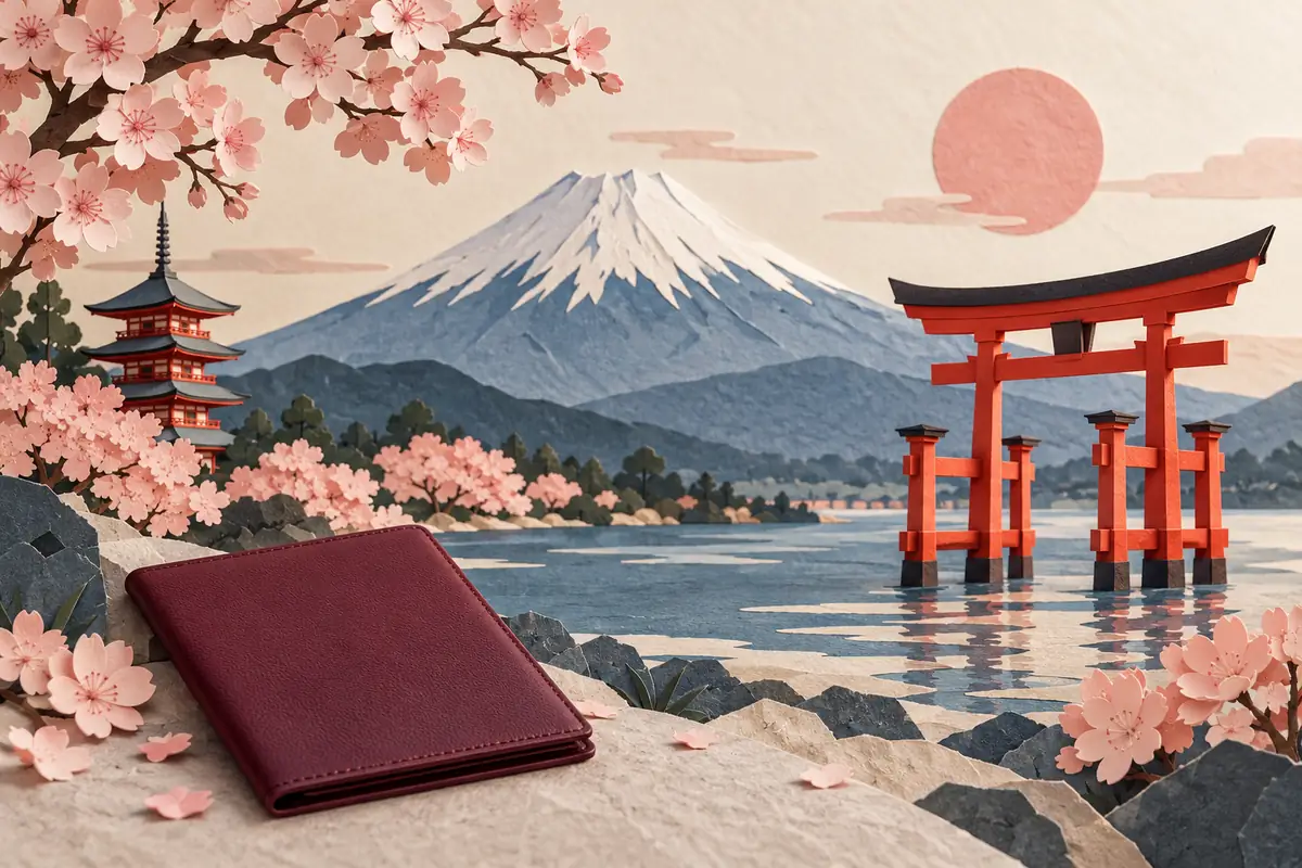 富士山、鸟居与樱花主题插画